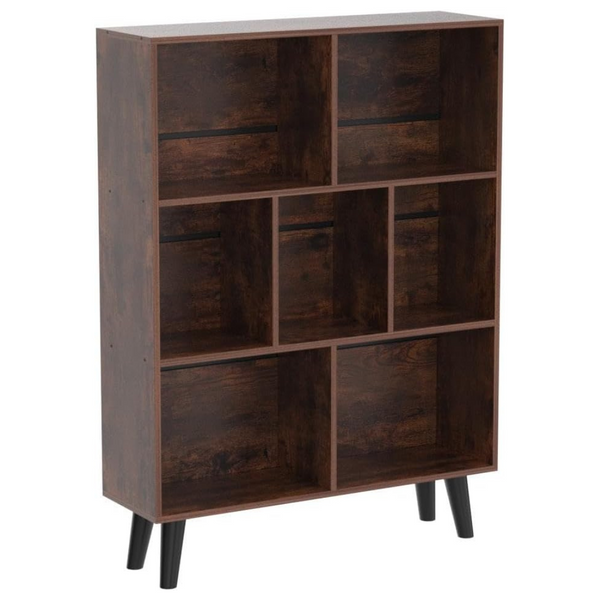 3-Tier Mid-Century Rustic Brown Modern 7-Cube Bookcase With Legs