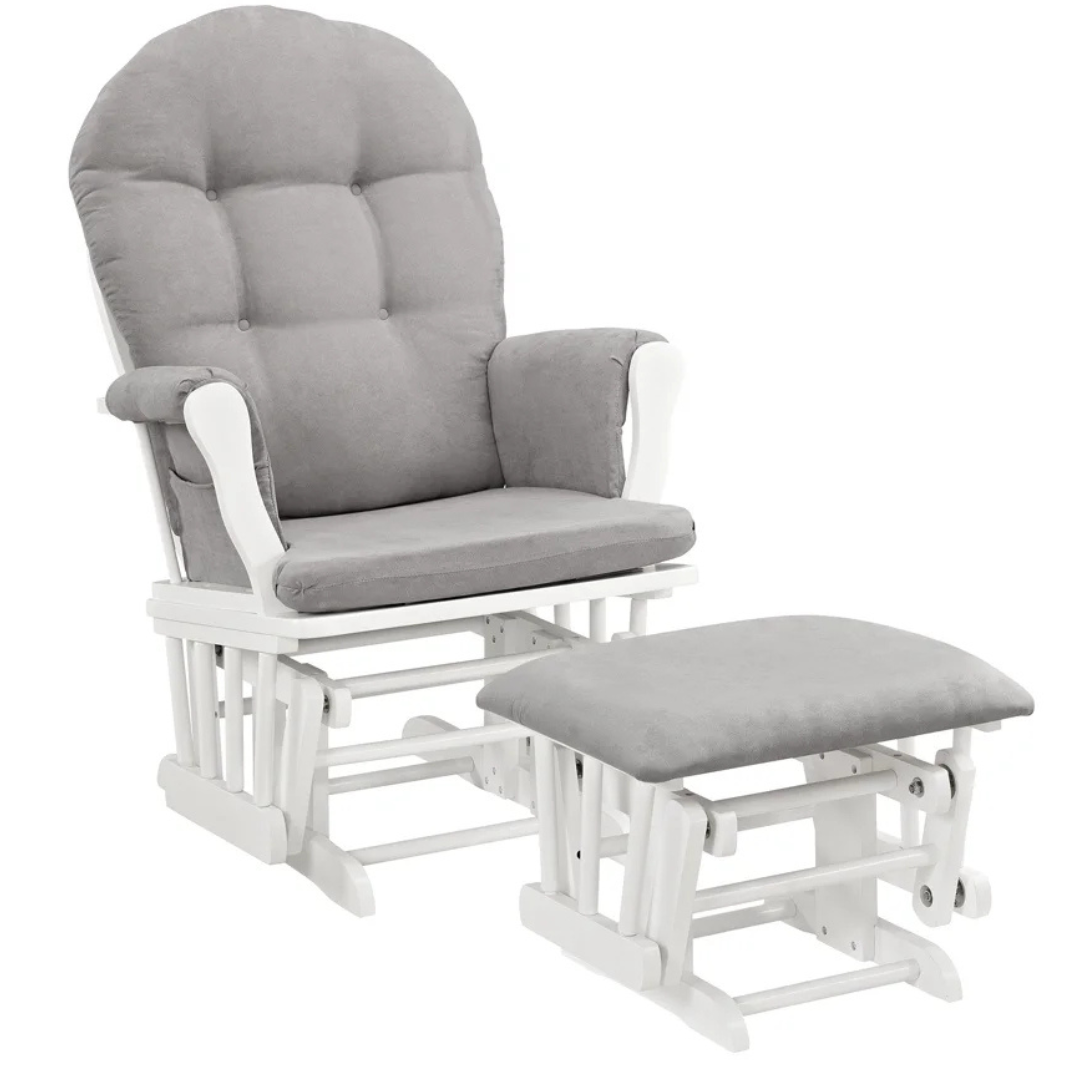 Angel Line Windsor Glider And Ottoman, White Finish With Gray Cushions