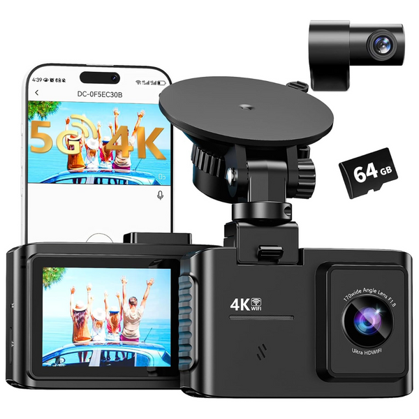 4K Dual Channel 5GHz WiFi Dash Cam Front and Rear with 64GB Card