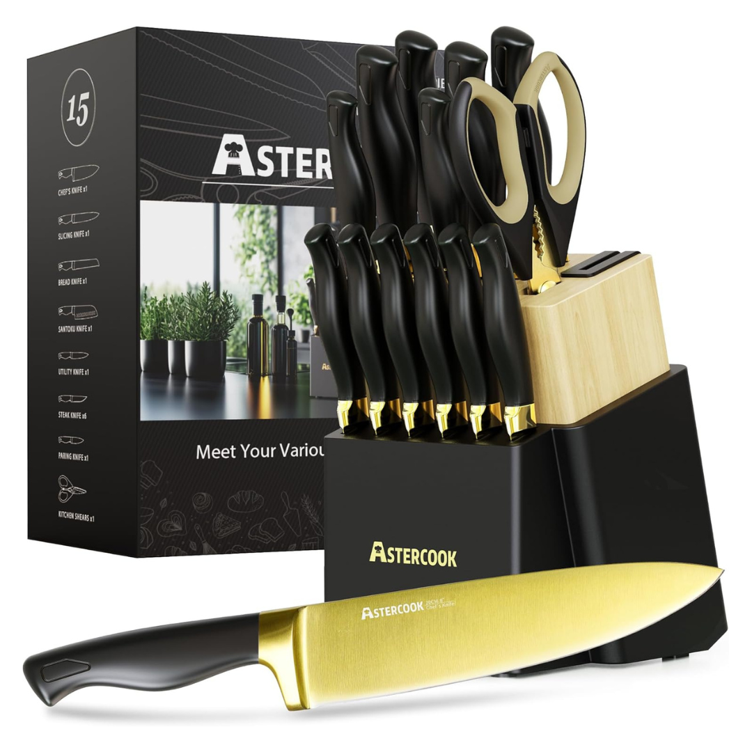 15-Piece Astercook Healthy Gold Titanium Coating Kitchen Knife Sets