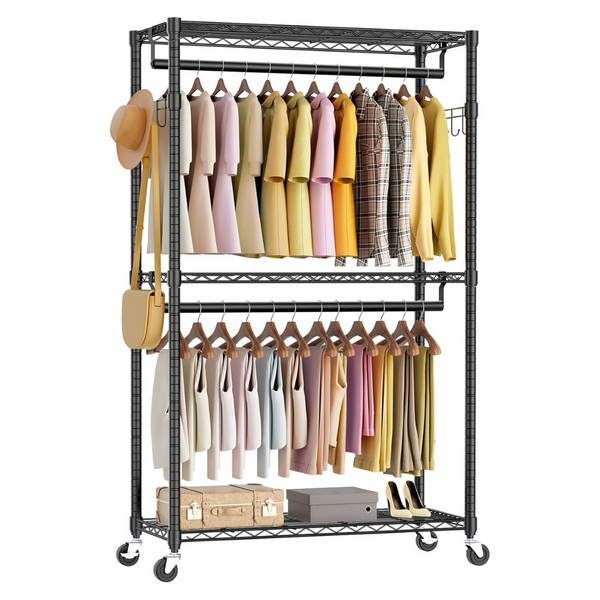 Freestanding Heavy Duty Rolling Garment Rack W/ 2 Side Hooks