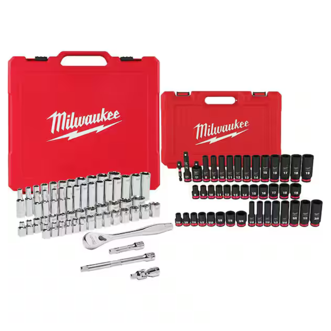 56-Piece Milwaukee 3/8" & 1/4" Drive SAE/Metric Ratchet and Socket Set