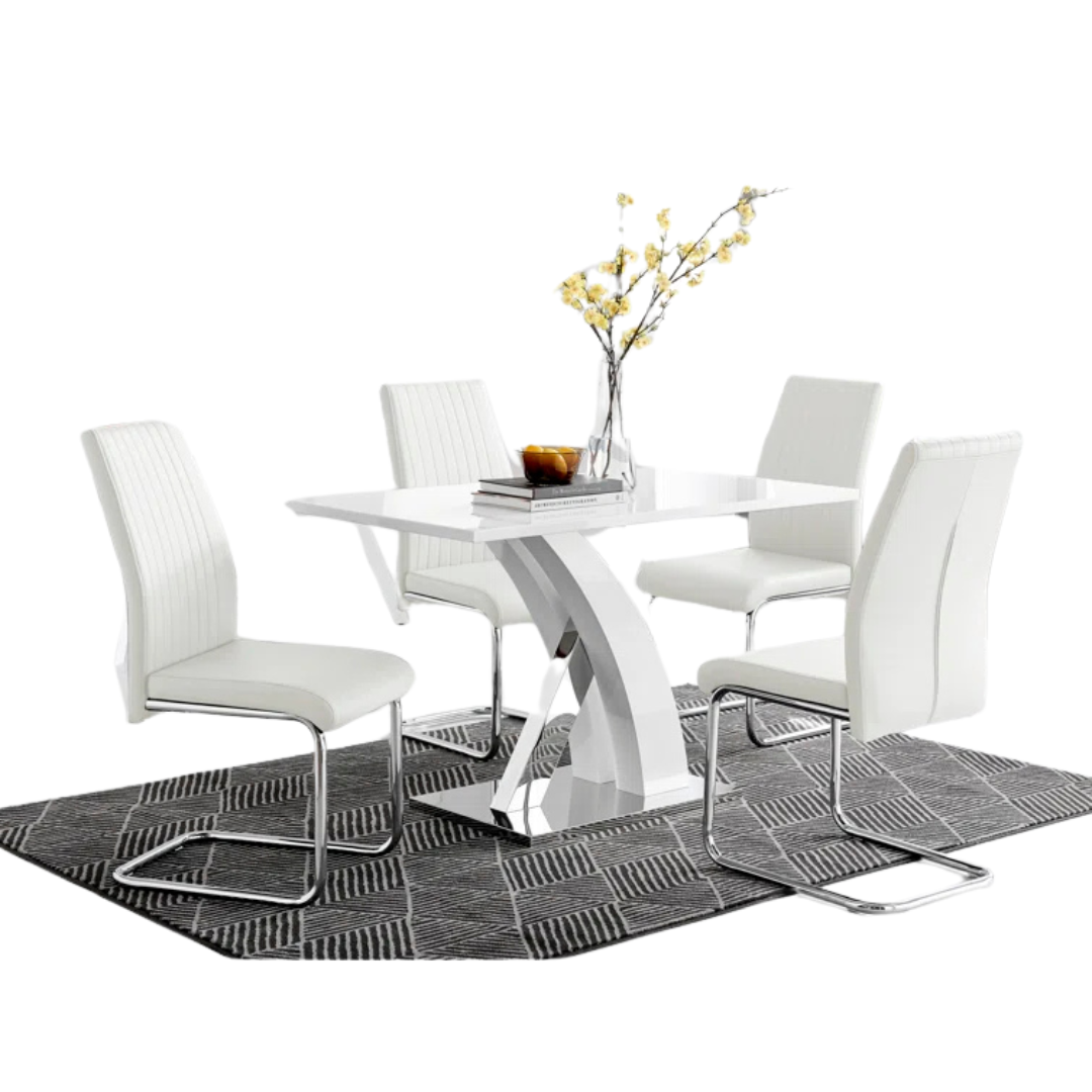 East Urban Home Edzard Chrome & White High Gloss Dining Table Set with 4 Luxury Faux Leather Dining Chairs