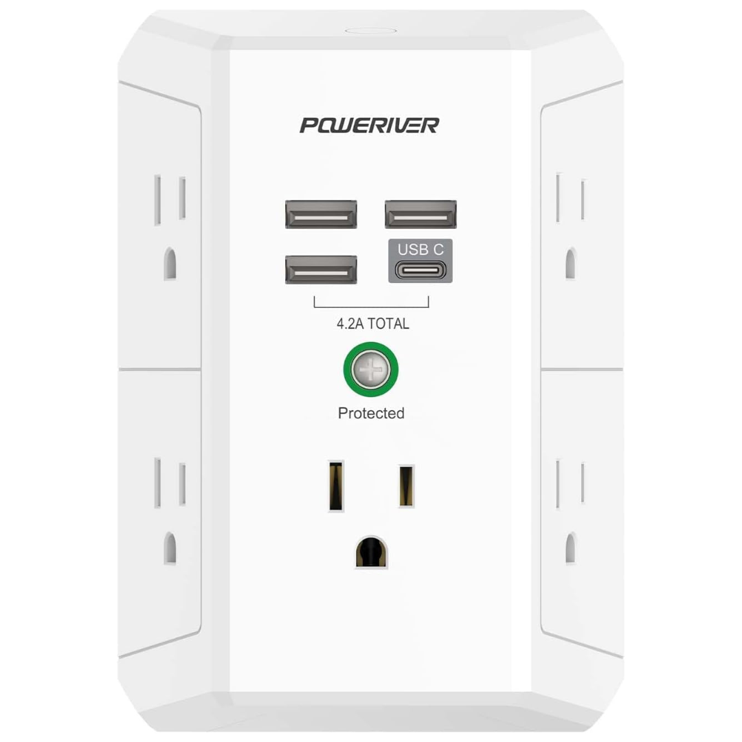 Poweriver 3-Side 5 AC-Outlet Extender Surge Protector w/ 4-USB Ports