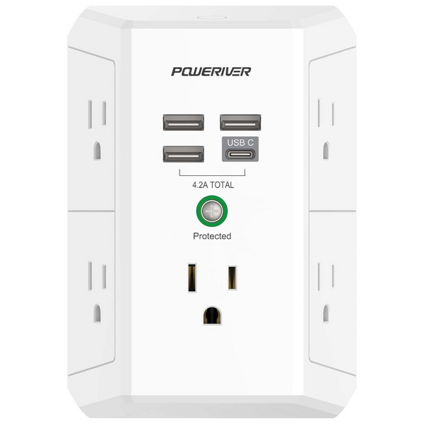 Poweriver 3-Side 5 AC-Outlet Extender Surge Protector w/ 4-USB Ports