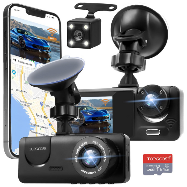 3 Channel WiFi FHD 1080P Dash Cam with 64GB Card & Night Vision