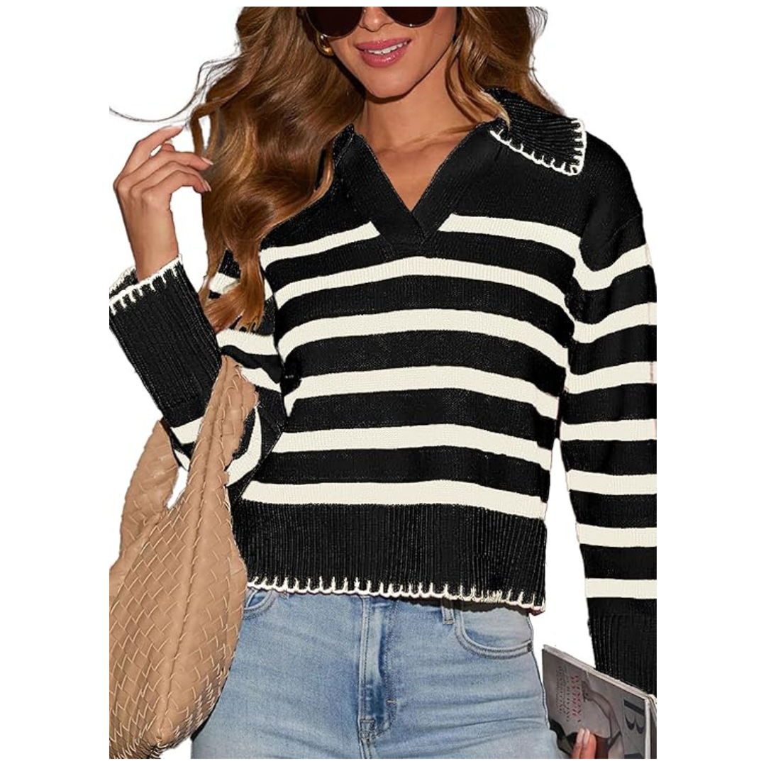 HVT Women's V-Neck Collared Striped Long Sleeve Pullover Sweater (Various)