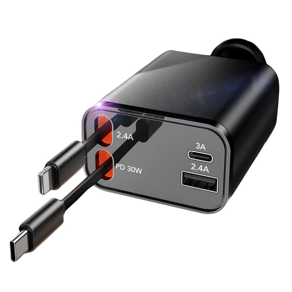 4-in-1 69W USB-C Retractable Car Charger With Retractable Cord