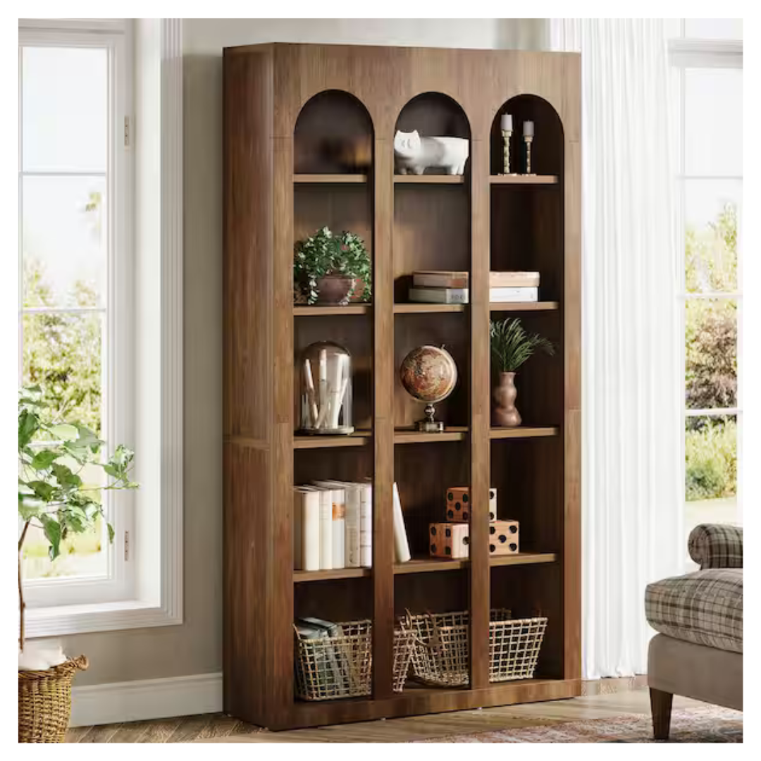 Wood 5-Shelf 71". Tall Arched Bookcase