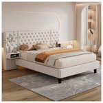 Velvet Tufted Queen Frame Bed With Integrated Nightstands