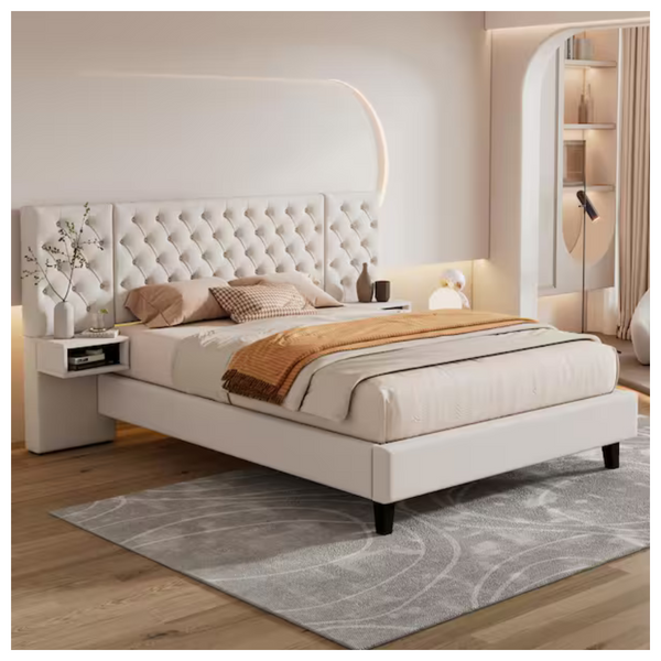 Velvet Tufted Queen Frame Bed With Integrated Nightstands