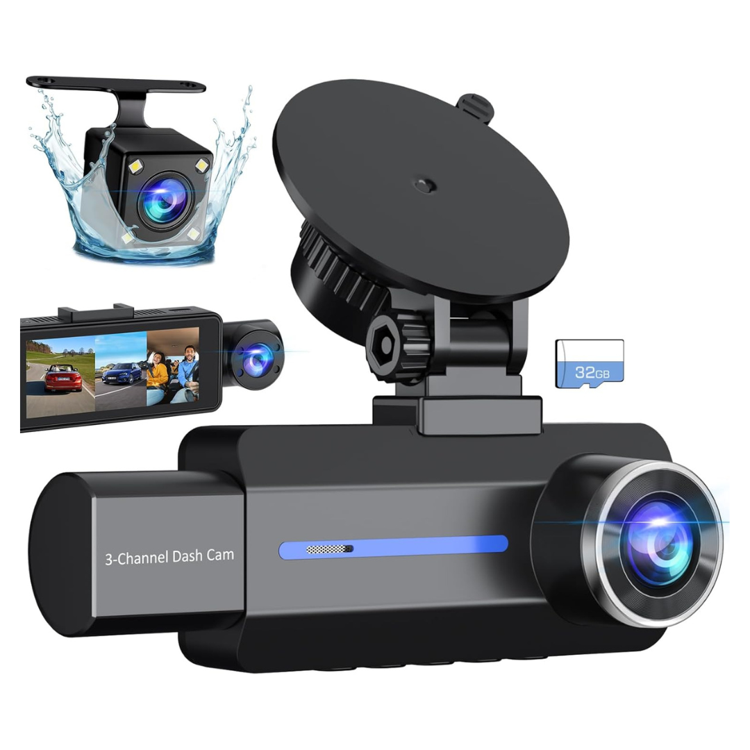 Baeasu 3 Channel 2.5K 1440P Dash Cam With 32GB Card