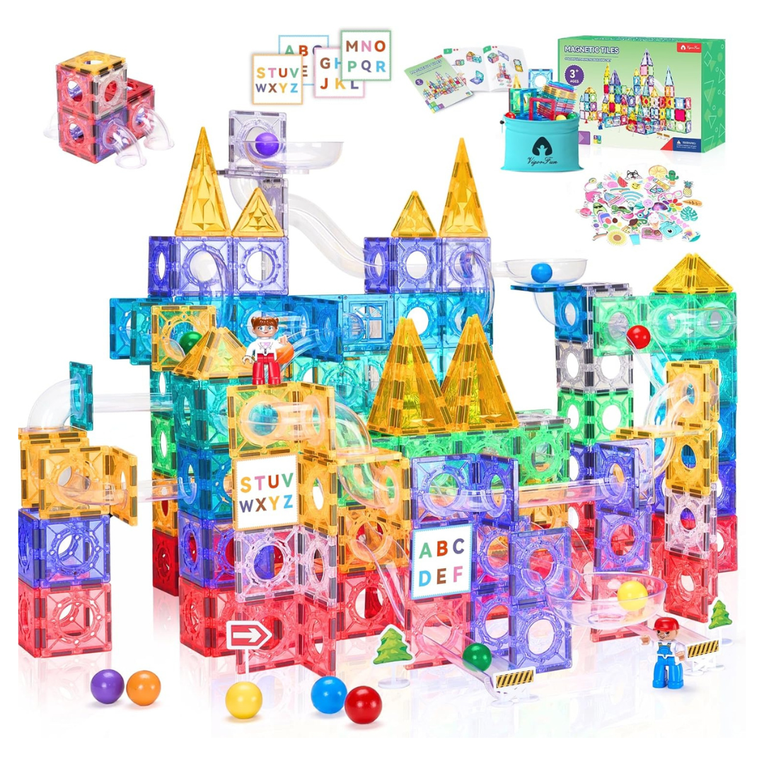 171-Piece Magnetic Tiles & Marble Run Set With Learning Card And Storage Bag