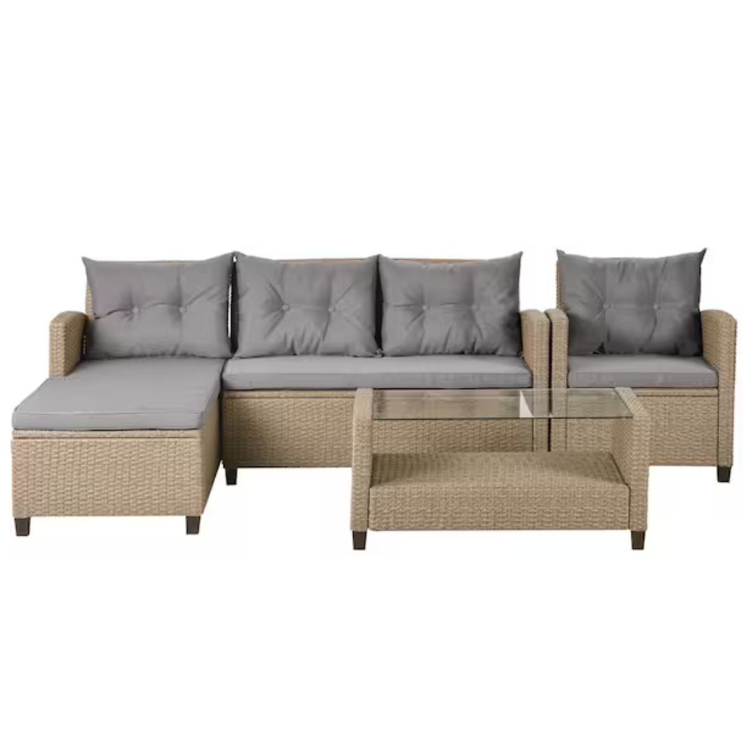 4-Piece Wicker Patio Conversation Set with Gray Cushions and Coffee Table