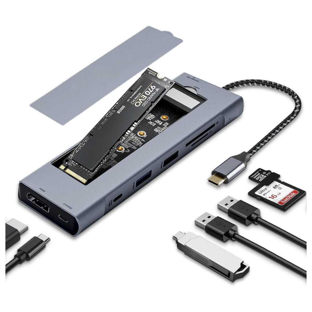 8 in 1 USB-C Hub Adapter With M.2 NVMe/SATA SSD Enclosure