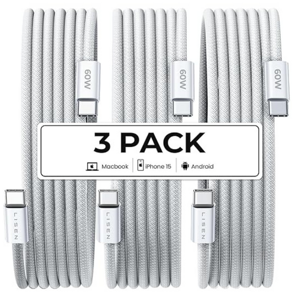 3-Pack 6.6ft Lisen 60W Braided USB-C to USB-C Charger Cables