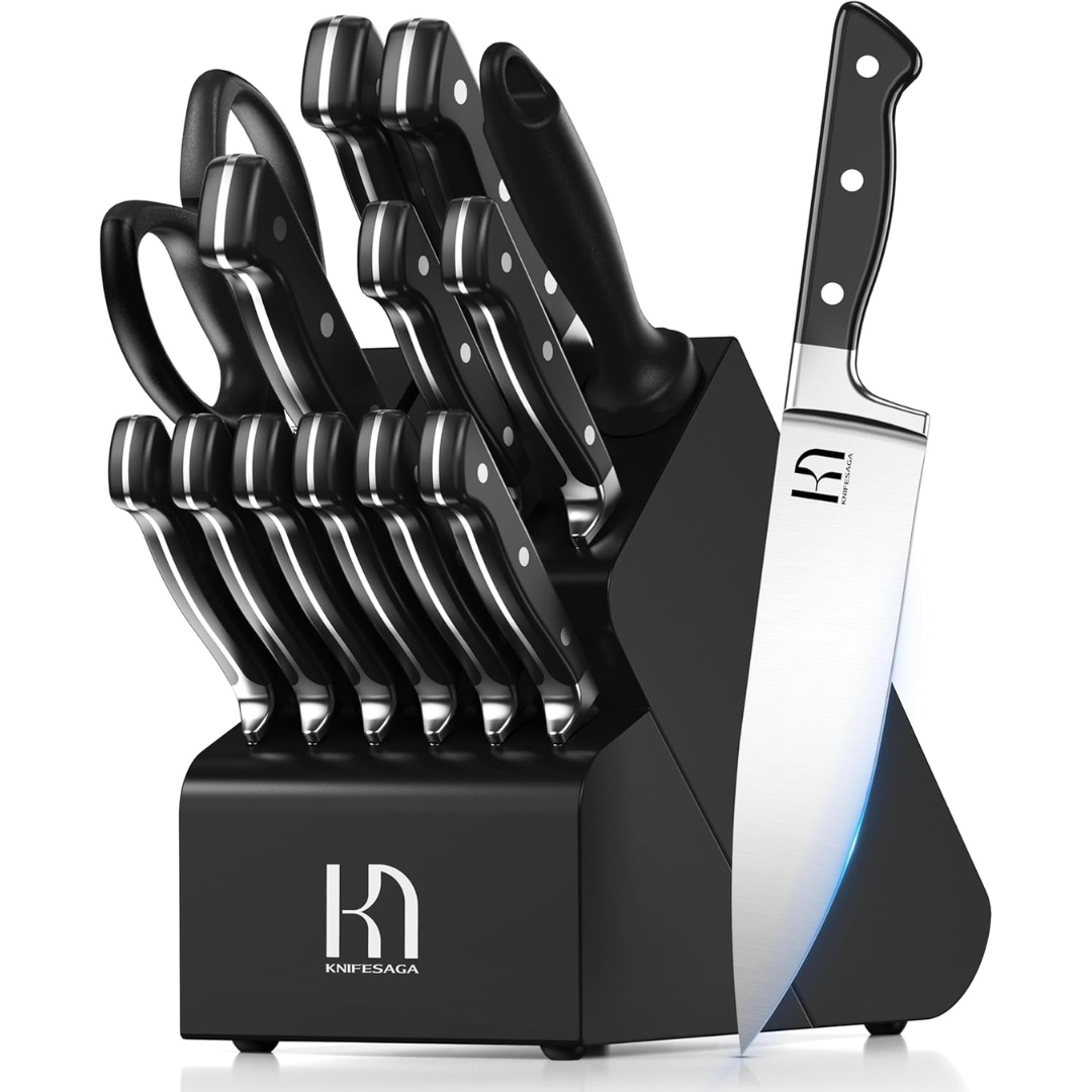 15-Piece High Carbon Stainless Steel Kitchen Knife Block Set