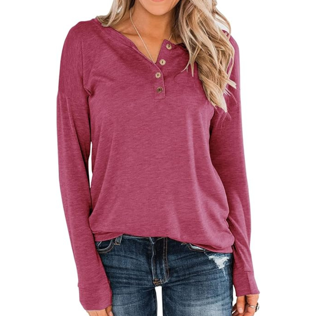 Women's Casual Loose Fit Henley Neck Long Sleeve Shirts