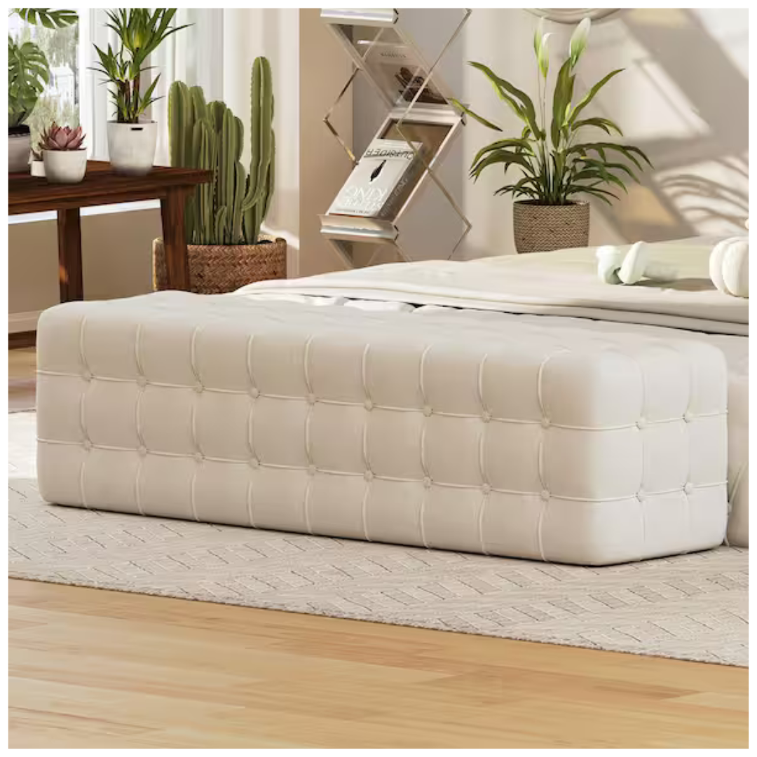 Button-Tufted White 46.3" Velvet Upholstered Bedroom Bench