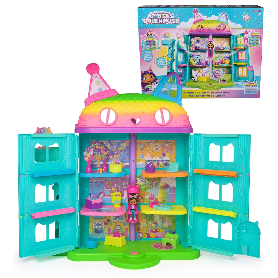 Gabby’s 14 Pc Celebration Dollhouse, 25-Inches Tall, With Toy Figures, Doll House Furniture & 10 Sounds