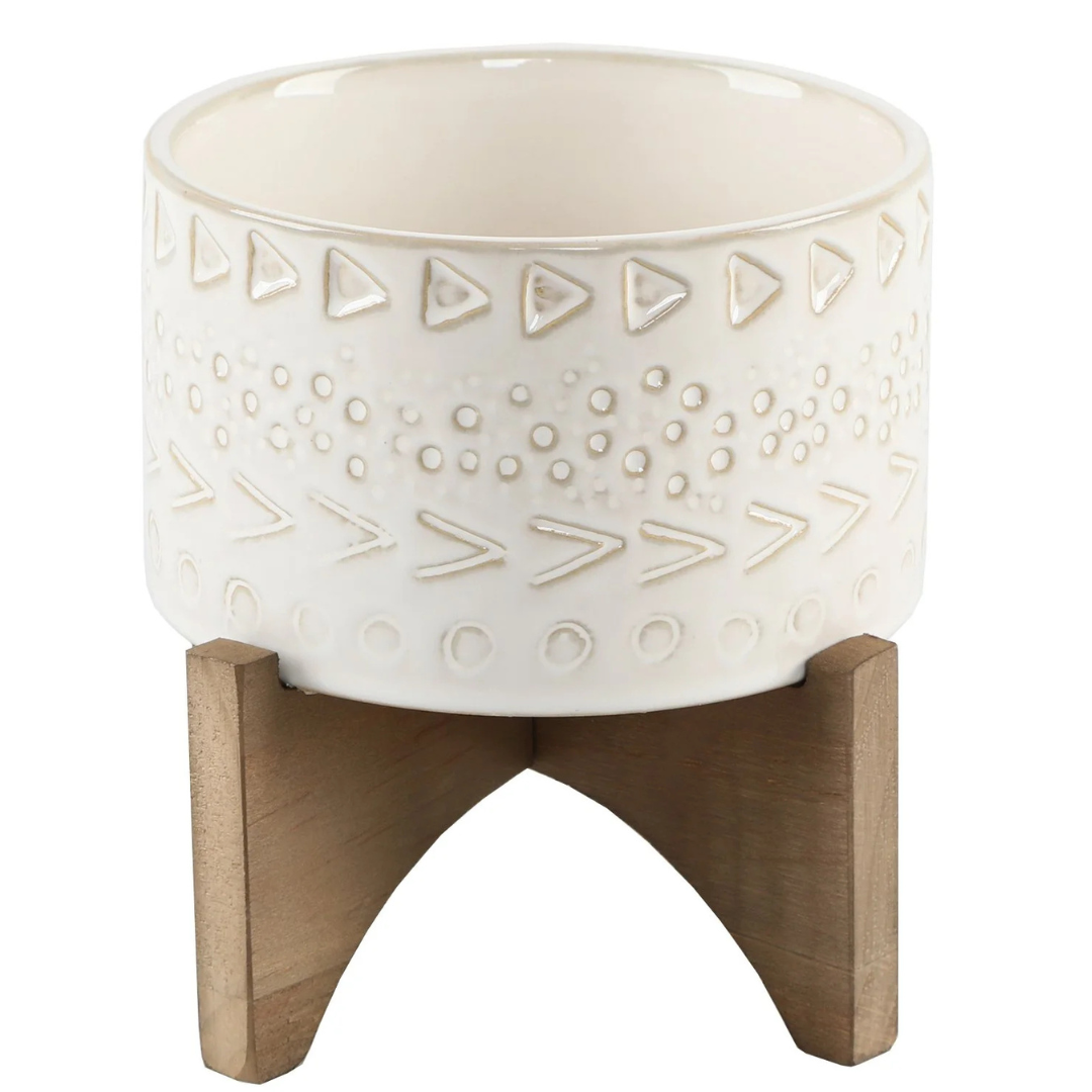 Flora Bunda 6.25" W Off-white Ceramic Planter With wood Stand