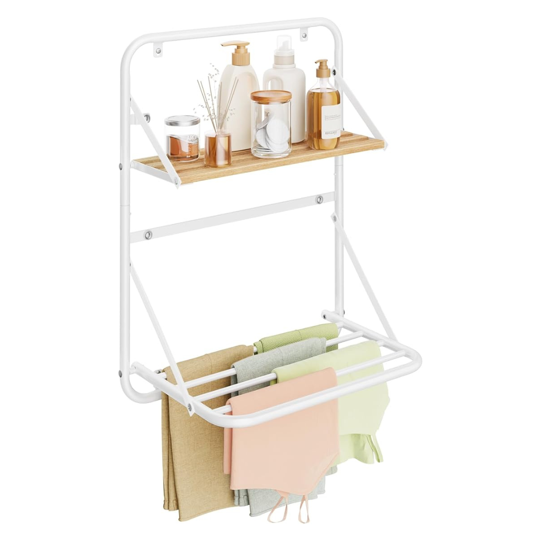 Wall-Mounted Foldable Drying Rack With Storage Shelf