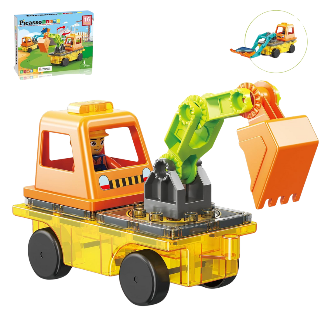 PicassoTiles Magnet Tiles Building Block 2-in-1 Excavator & Backhoe With Car Base