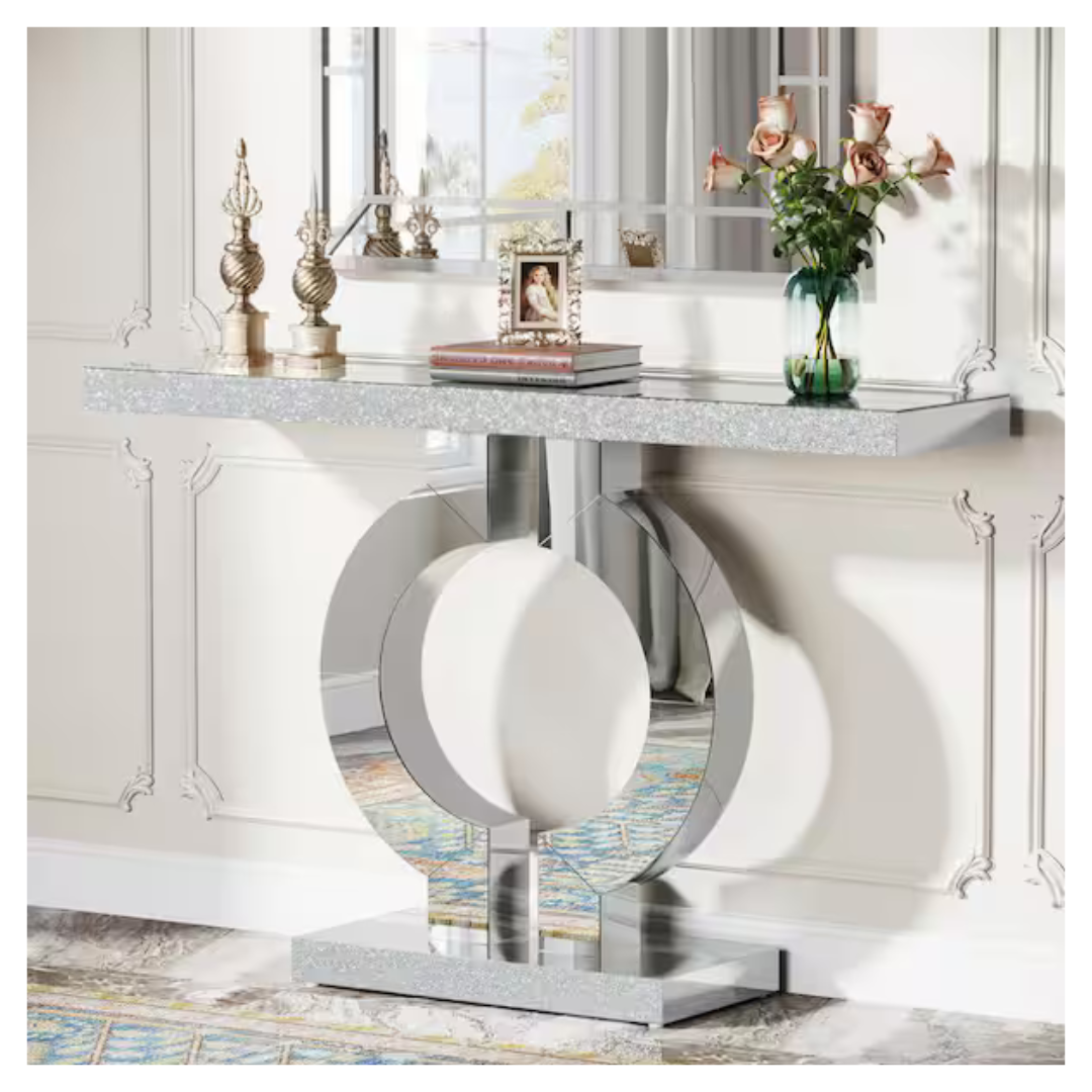 Byblight Turrella 43 in. Modern Silver Rectangle Glass Console Table With Mirror Finish