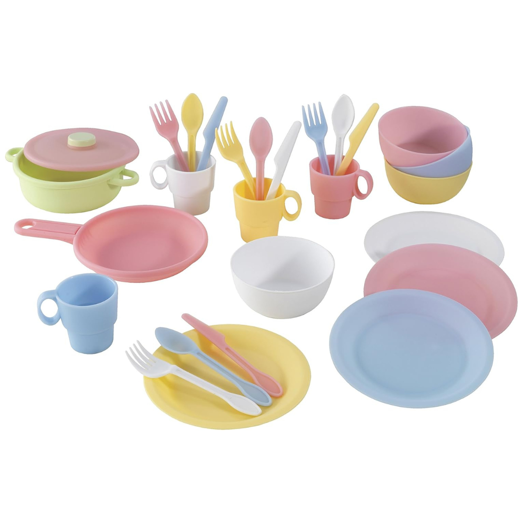 27-Piece KidKraft Pastel Cookware Set, Plastic Dishes And Utensils