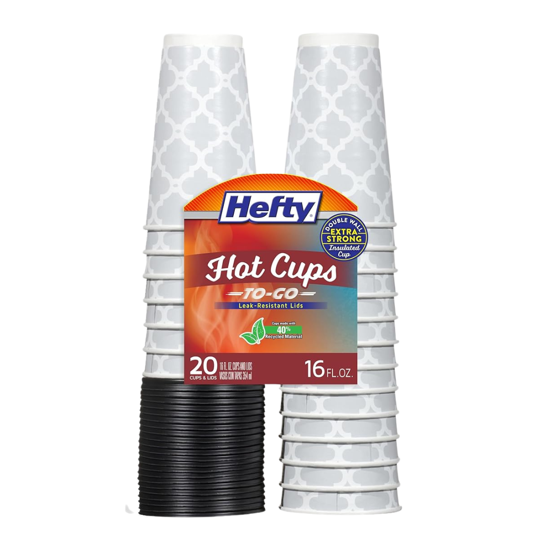 20-Count Hefty Paper Disposable Hot Cups With Lids, 16 Oz