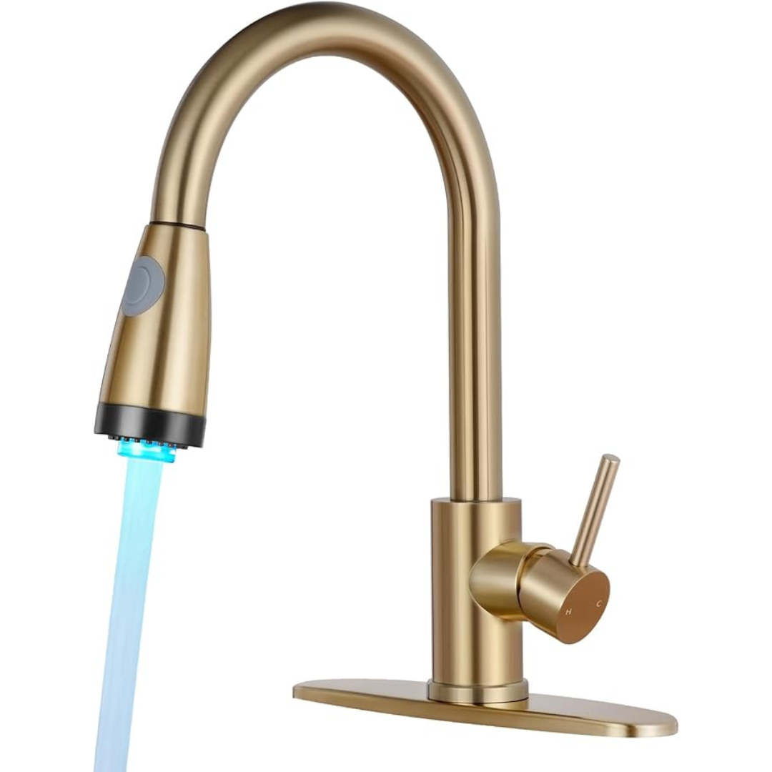 Qomolangma Stainless Steel LED Gold Kitchen Faucet With Pull Down Sprayer