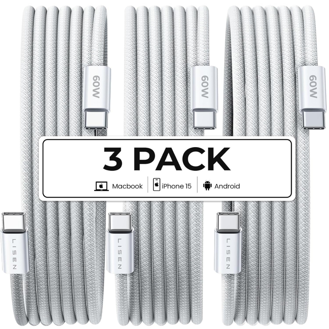 3-Pack 6.6ft Lisen 60W Braided USB-C to USB-C Charger Cables