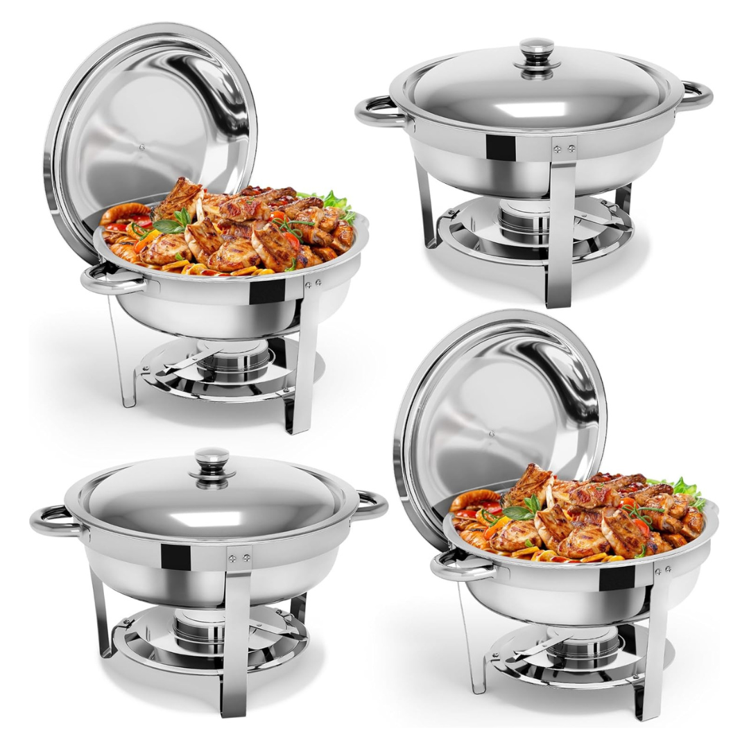 4-Pack 5-Qt Stainless Steel Round Chafing Dishes For Buffet With Lid