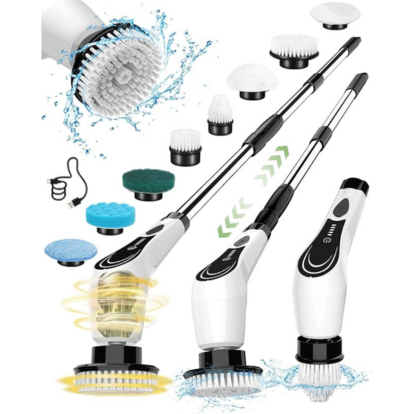 Lxlu Electric Spin Scrubber With 8 Brush Heads & Adjustable Handle