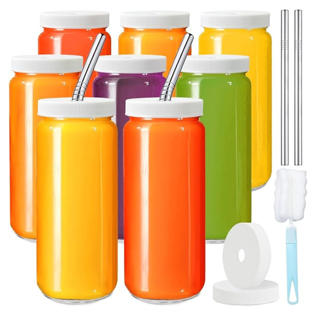 8-Pack 16-Oz Glass Juice Bottles With Straw Lids