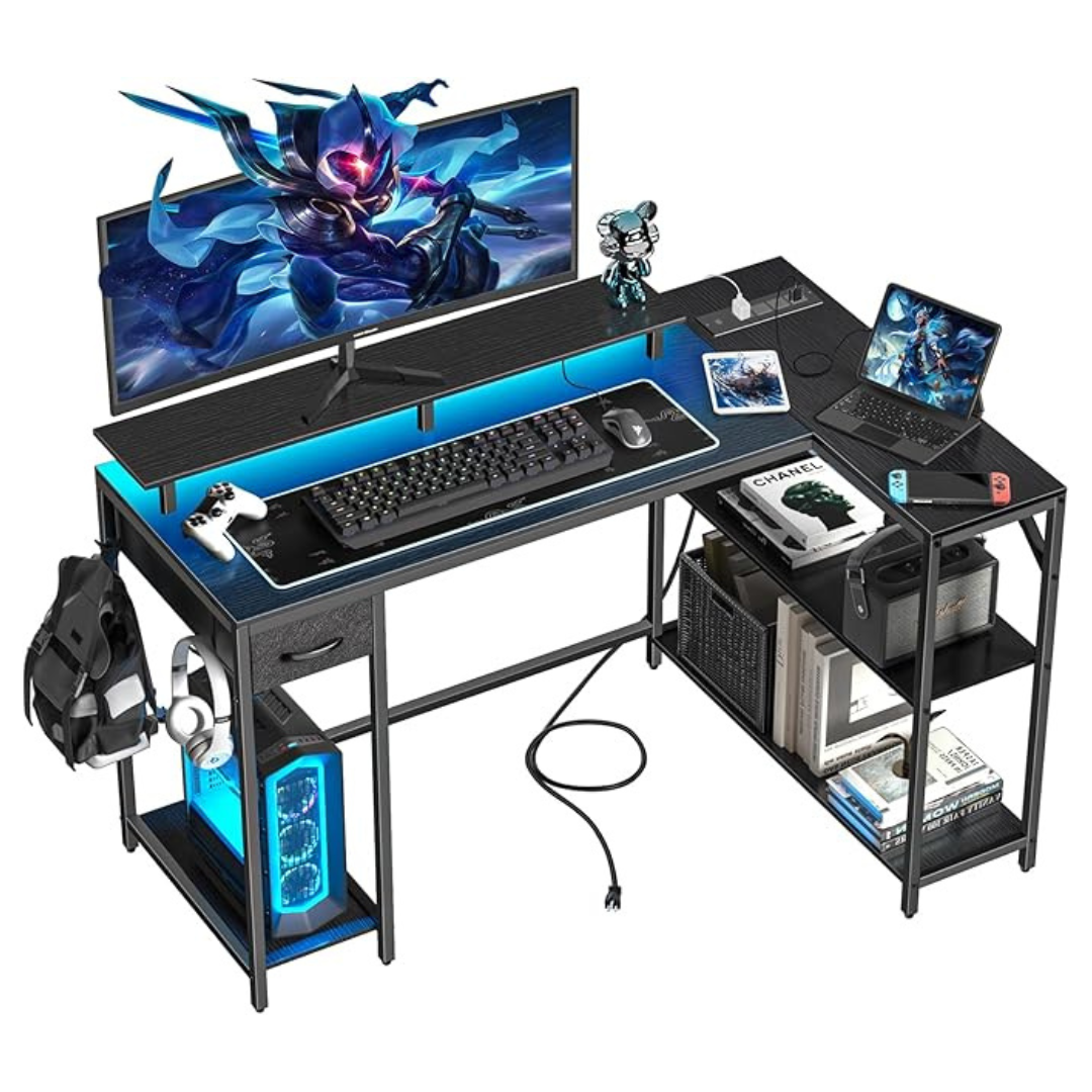 47" Reversible L Shaped Gaming Desk With LED Lights