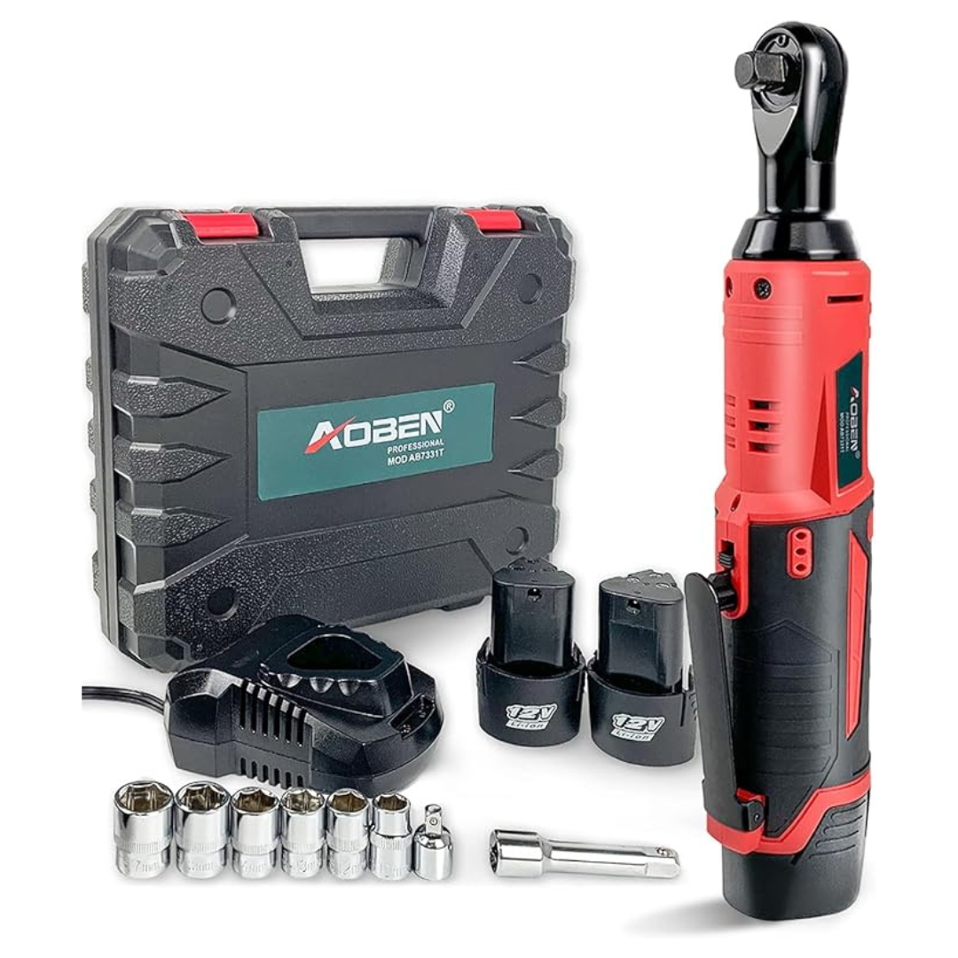 Aoben 3/8" 12V Electric Ratchet Wrench Tool Kit W/ 2-Pack Lithium-Ion Battery