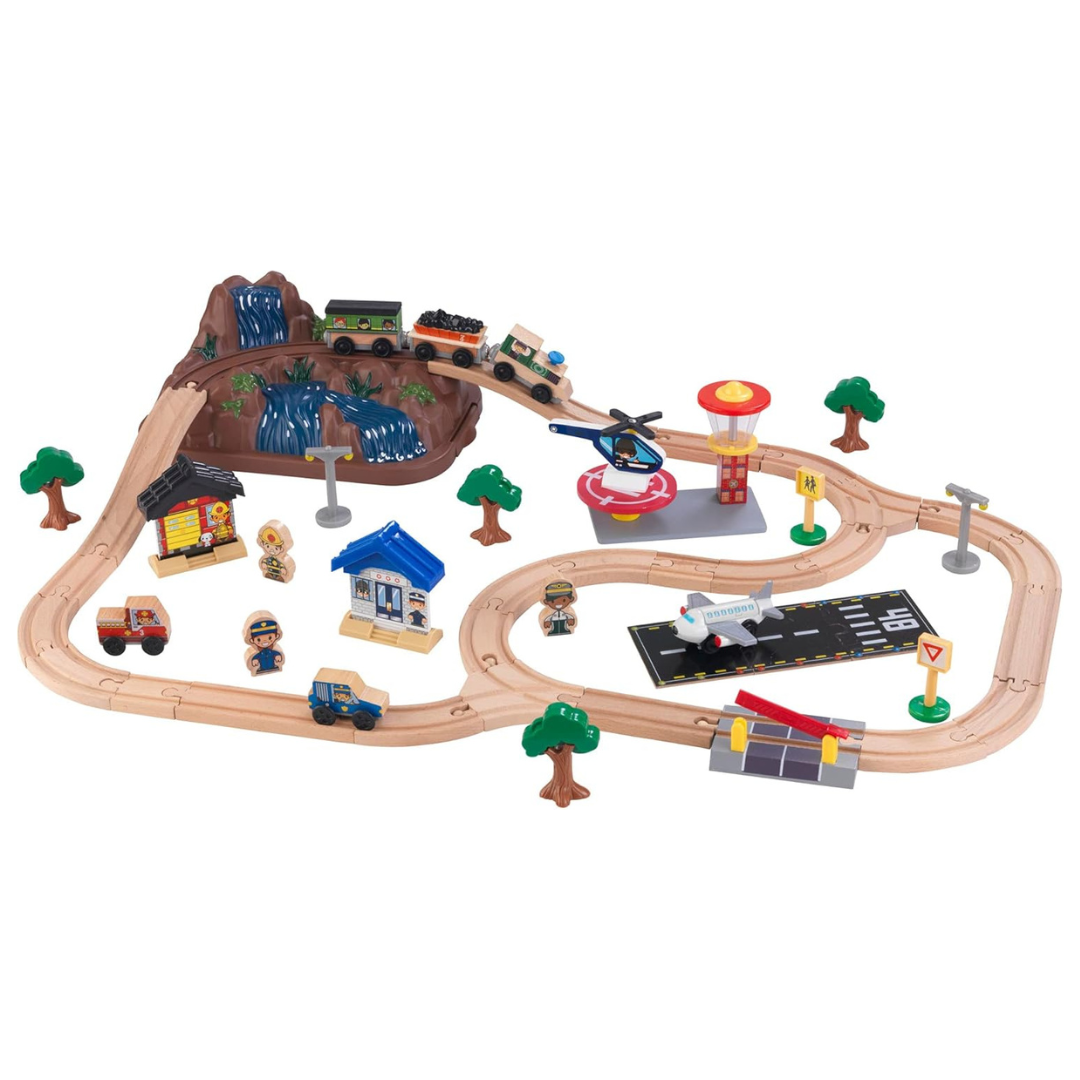 KidKraft Bucket Top Mountain Train Set With 61 Pieces, Magnetic Train, Wooden Tracks And Storage