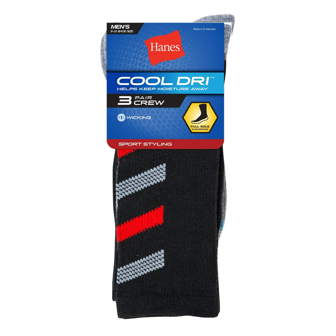 3-Pairs Hanes Cool DRI Men's Crew Socks with Ventilation