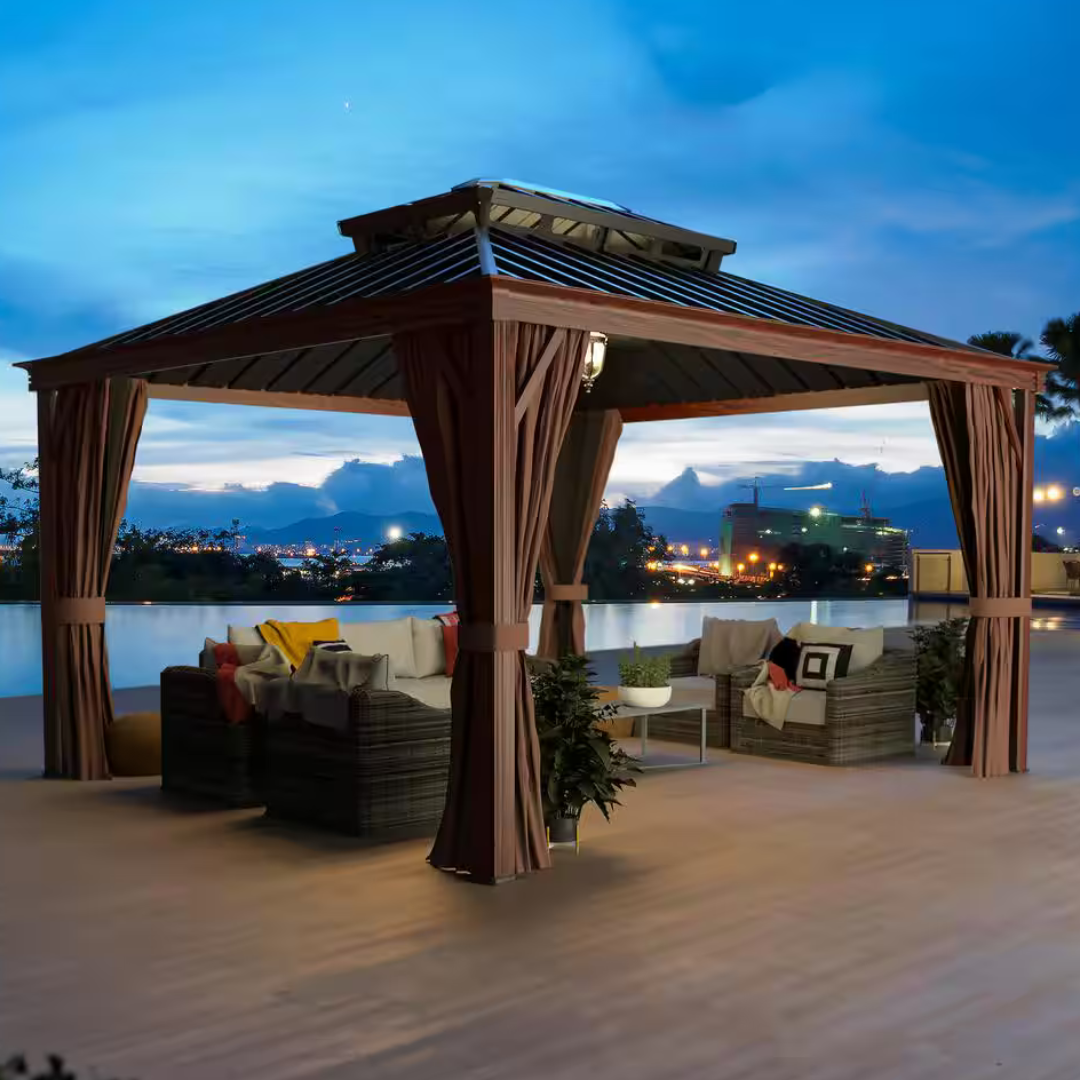 VEIKOUS 12 ft. x 10 ft. Wood Grain Aluminum Gazebo Double Roof