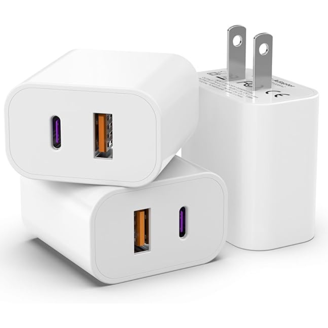 3-Pack Apple Mfi Certified 20W Dual Port QC + PD 3.0 USB-C Charger Block