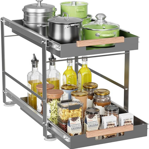 2 Tier Metal Shelves Pull Out Cabinet Organizer