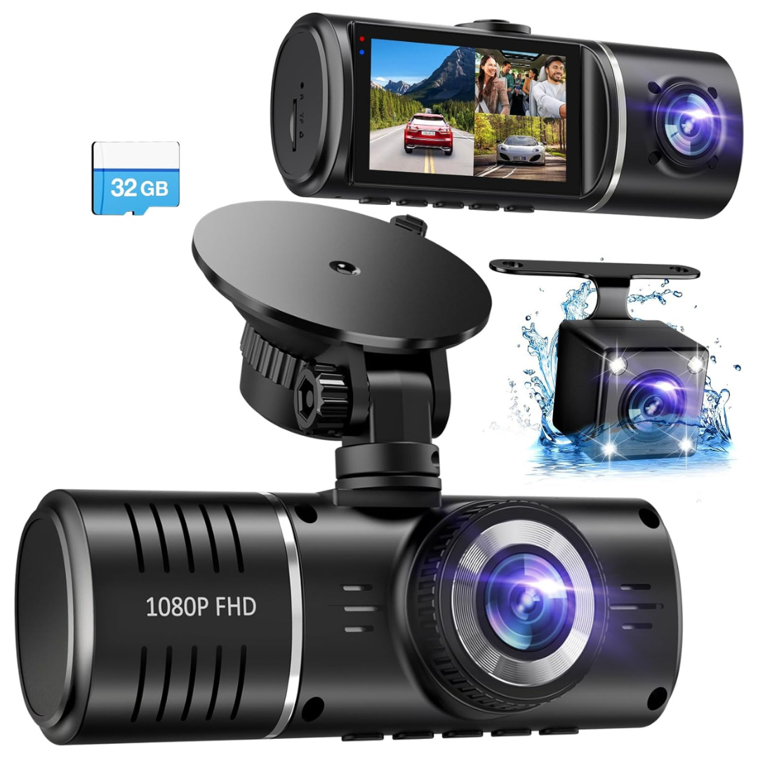 1080P 3-Channel Front & Rear Inside Dash Cam W/ 32GB Card & G-Sensor