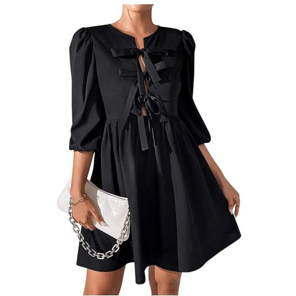 Women's Tie Front Puff 3/4 Sleeve Short Dress