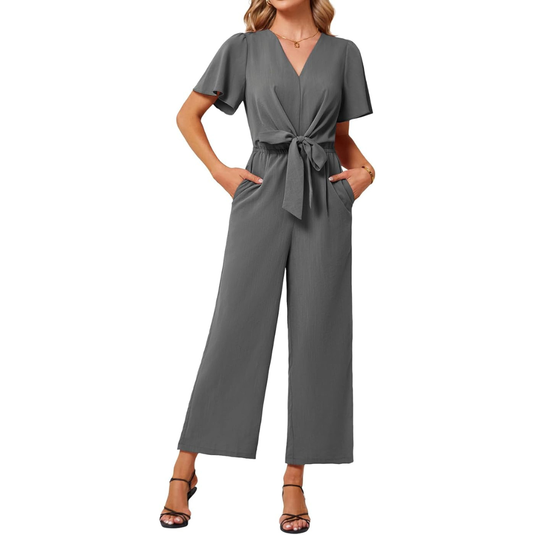 Women's Summer V-Neck High Waist Linen Wide Leg Jumpsuits