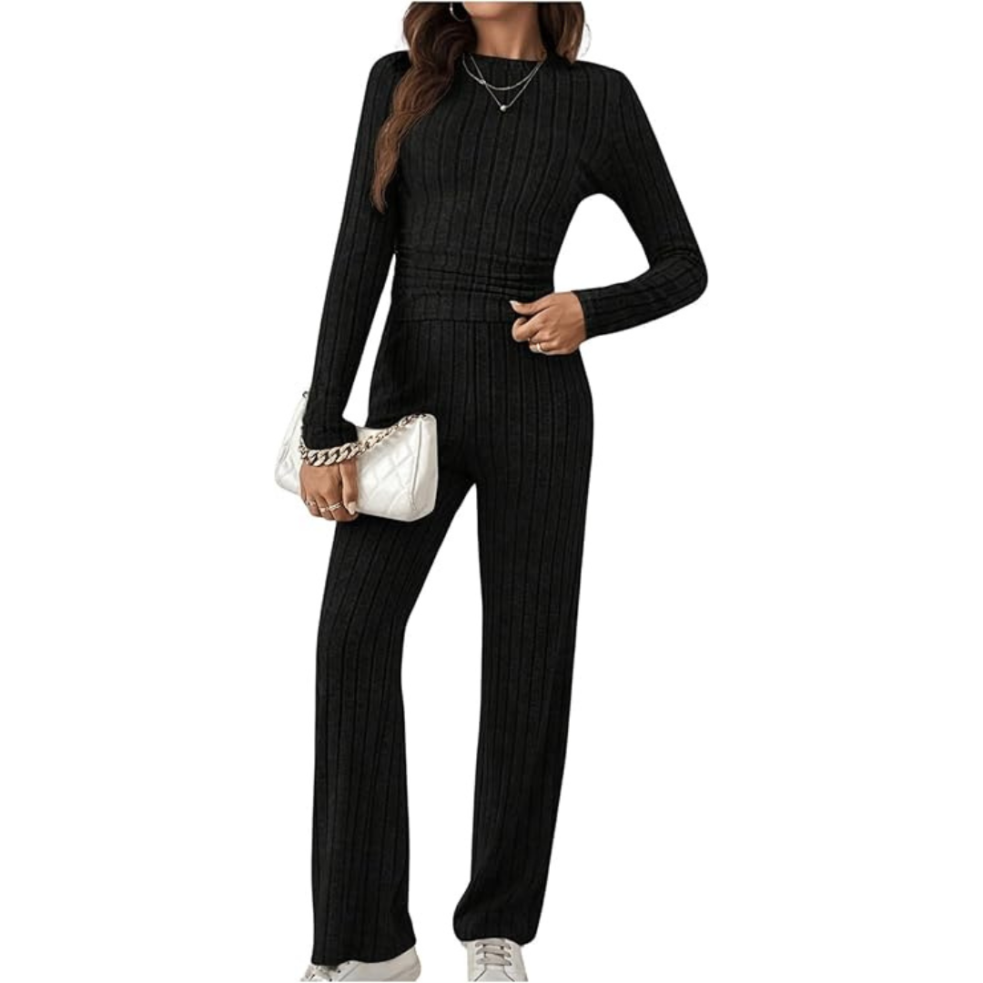 2-Piece Women's Casual Ribbed Long Sleeve Outfits Knit Set