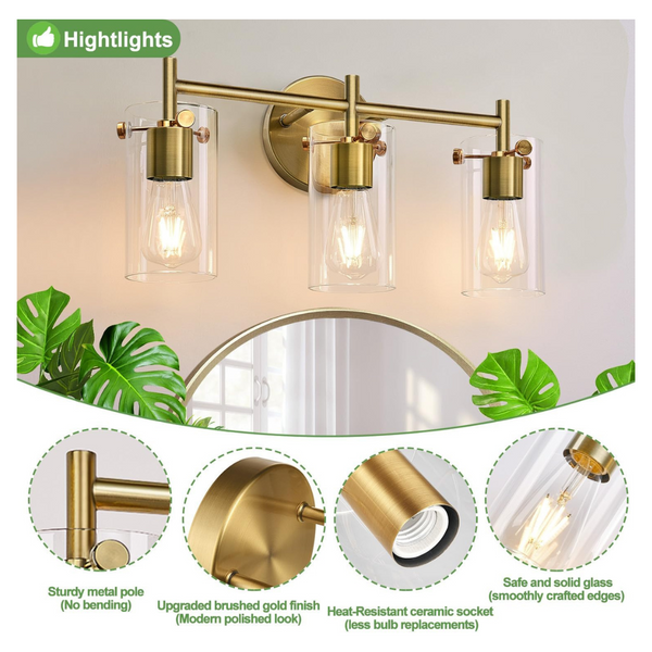 Fixtures 2024 Upgrade 3-Light Brass Bathroom Vanity Light