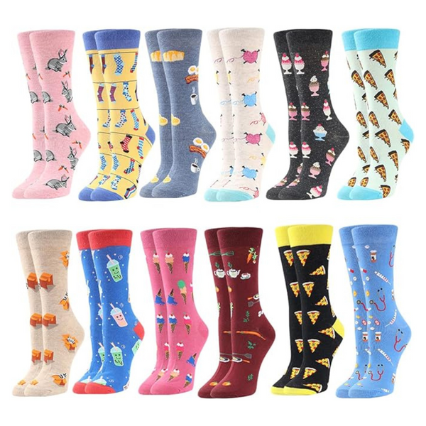 12-Pairs Women's Cotton Novelty Funny Crew Socks