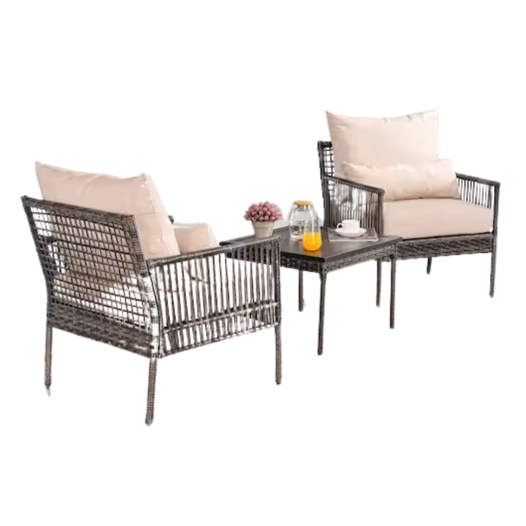 3-Piece Wicker Outdoor Conversation Set With Beige Cushions