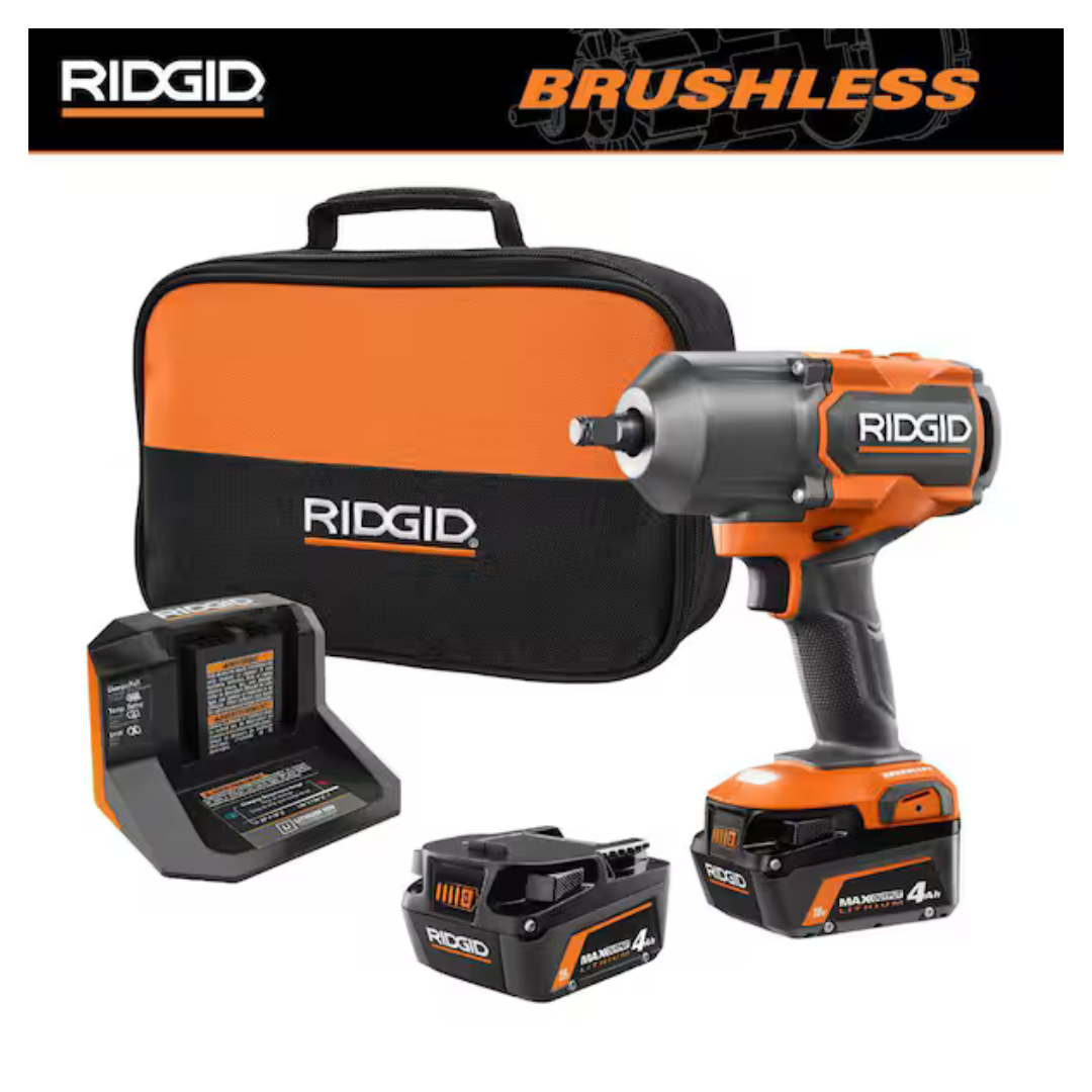 RIDGID 18V Brushless Cordless 4-Mode 1/2" High-Torque Impact Wrench Kit With (2) 4.0 Ah Lithium-Ion Batteries And Charger